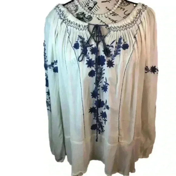 Kyla Seo Women’s Medium Ivory Peplum Peasant Blouse Embroidered Viscose L/S - Picture 1 of 7